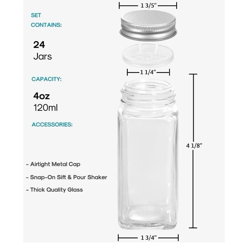 24 Piece Empty 4 oz. Glass Jars Kitchen Spice Set Organizer and Jar Filling Kit